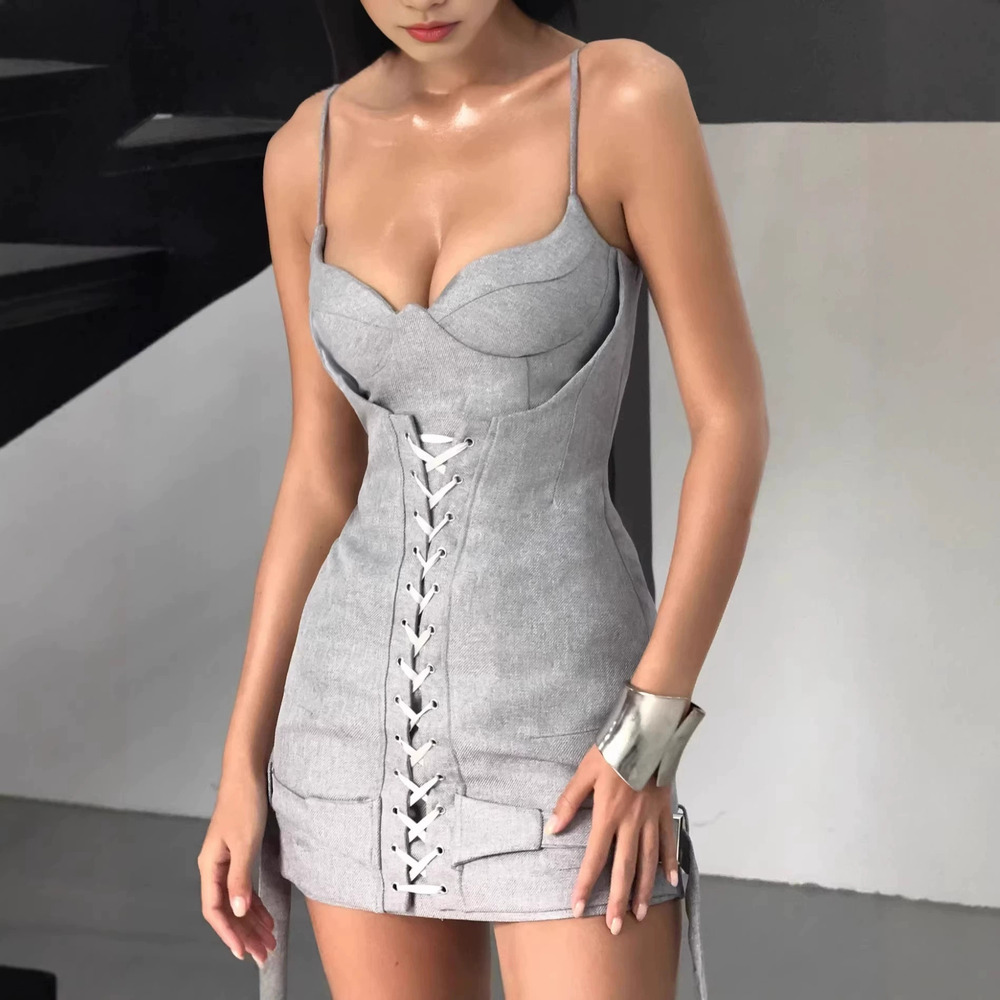 Zara Spaghetti Strap Lace Up Waist Bodycon Mini Dress